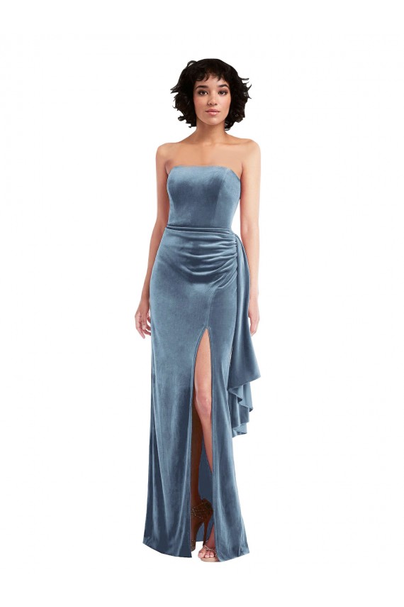Affordable Strapless Velvet Maxi Prom Dress with Draped Skirt UK