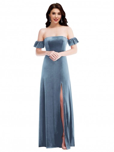 Affordable Ruffle Sleeve Off the Shoulder Velvet Maxi Prom Dress UK