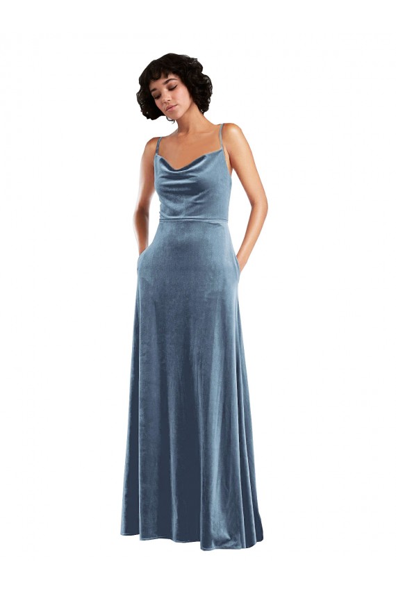 Affordable Sleek Cowl Neck Velvet Maxi Prom Dress with Pockets UK