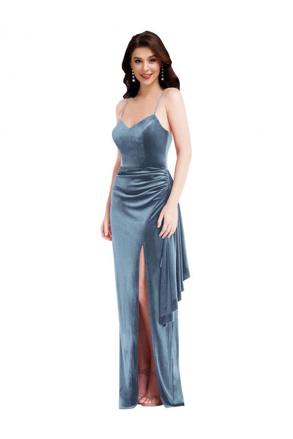 Affordable Spaghetti Strap Velvet Maxi Prom Dress with Draped Skirt UK