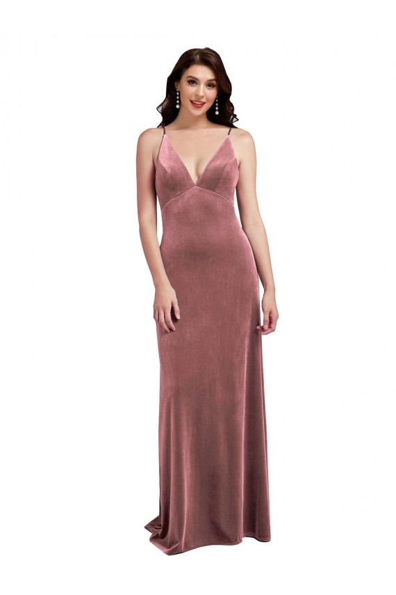 Affordable Low Scoop Back Long V-Neck Velvet Slip Prom Dress UK