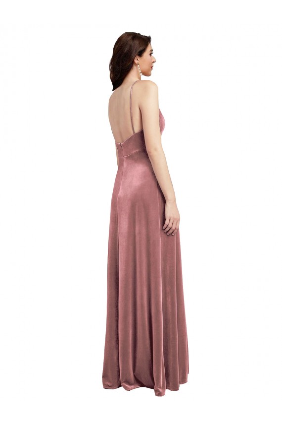 Affordable Low Scoop Back Long V-Neck Velvet Slip Prom Dress UK
