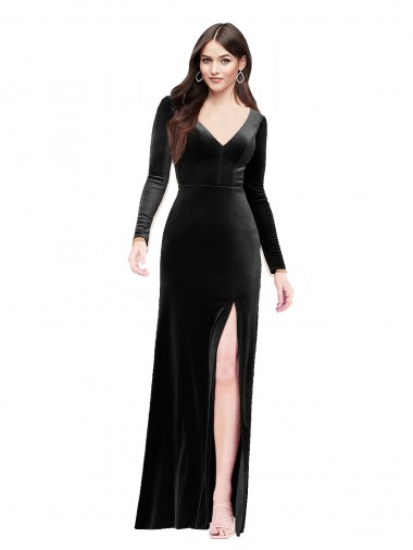 Affordable Long Sleeves Velvet Prom Dress with V-Neckline and Thigh Slit UK