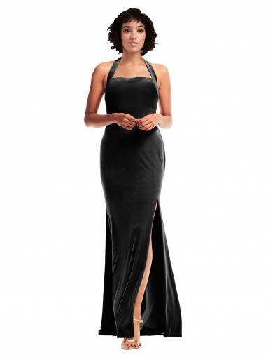 Affordable Empire Waist Stretch Velvet Prom Dress with Halter Strap UK