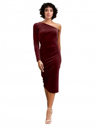Affordable One Shoulder Fitted Short Midi Length Velvet Prom Dress UK