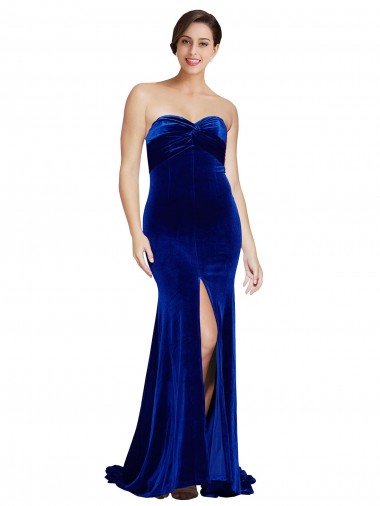 Affordable Strapless Ruched Velvet Prom Dress with Sweep Train and Front Slit UK